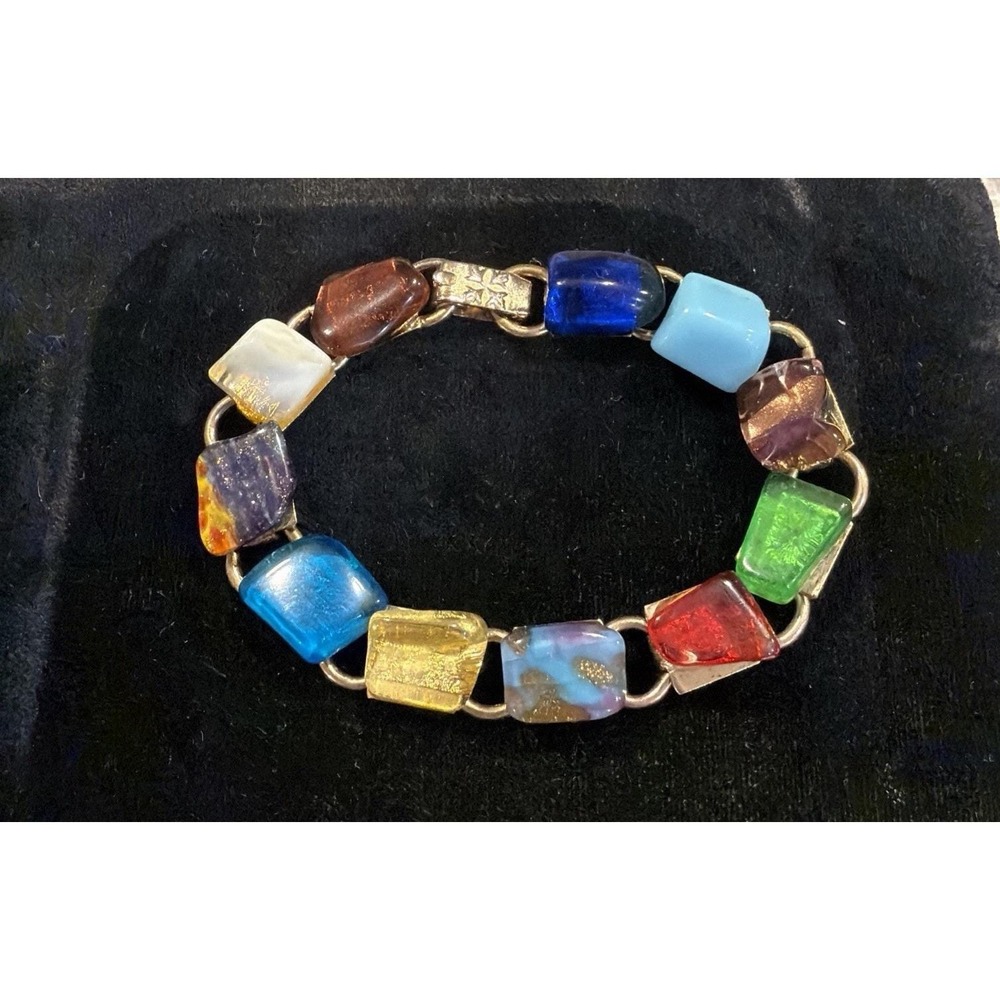 Vintage Murano Art Glass Bracelet Multi-Color Square Links 7.5" Gold Tone